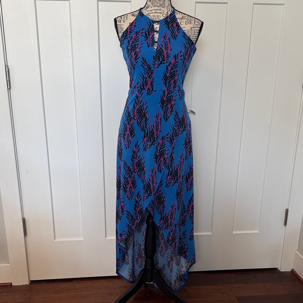 Candie's Blue Halter High-Low Dress with Pink & Black Leaf Print